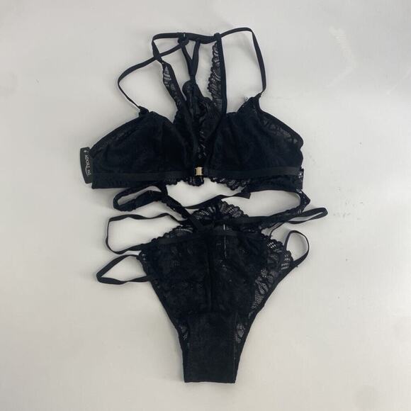 Adore Me Bra Set Womens Small Black Floral Lace Racerback Stretch Sheer Panty - Picture 1 of 8
